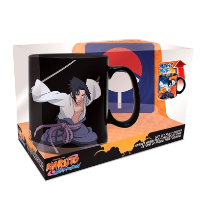 Naruto Shippuden: Магическа/Термо Керамична Чаша + Поставка за чаша - Sasuke Uchiha