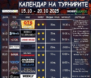 Хоби Геймс Турнирен Календар 15.10.25 - 20.10.25