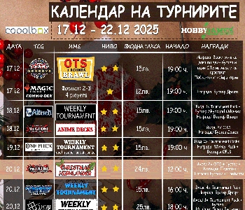 Хоби Геймс Турнирен Календар 17.12.25 - 22.12.25