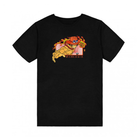 One Piece Black Themed T-Shirt with Embroidery - Portgas D. Ace