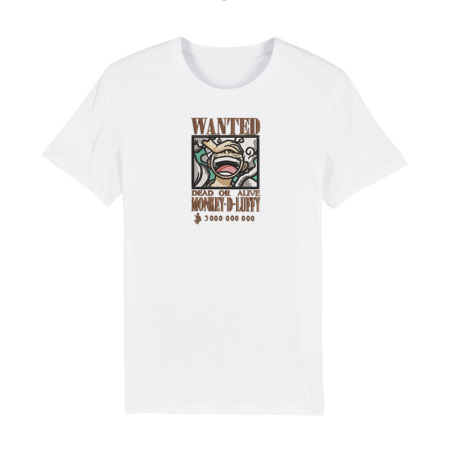 One Piece White Themed T-Shirt with Embroidery - Wanted Monkey D. Luffy