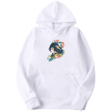 Demon Slayer: Kimetsu No Yaiba Еmbroidery Thick White Hoodie - Giyu Tomioka