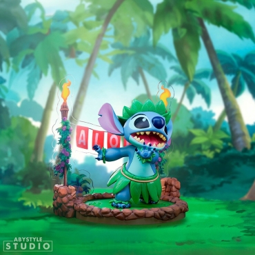 Stitch figure in hula skirt standing in front of palm trees