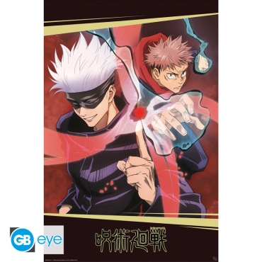 Jujutsu Kaisen постер с Годжо и Итадори на тъмен фон
