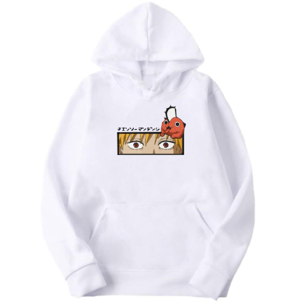 Chainsaw Man Еmbroidery Thick White Hoodie - Denji & Pochita