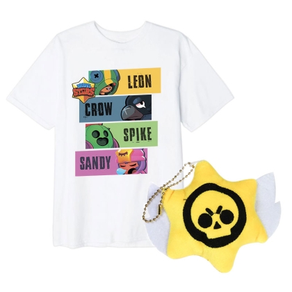 HOBBY COMBO: Brawl Stars: Game Kids Tshirt - Leon, Crow, Spike, Sandy + Brawl Stars: Plush Toy - Logo
