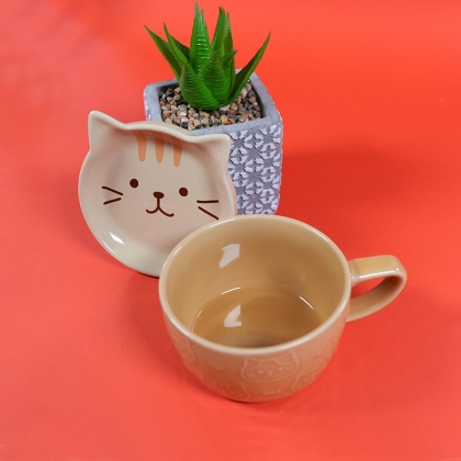 Set Ceramic Cup + Plate/Lid - Kitten Yellow