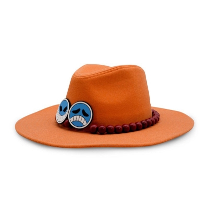  View of the blue bead necklace surrounding the hat