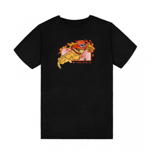One Piece Black Themed T-Shirt with Embroidery - Portgas D. Ace