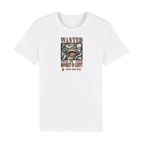 One Piece White Themed T-Shirt with Embroidery - Wanted Monkey D. Luffy
